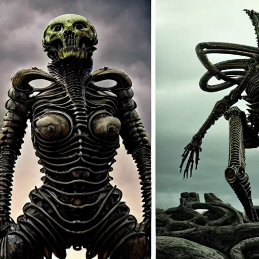 Image similar to still frame from Prometheus movie by giger, necron lord skorpekh editorial by Malczewski, biomechanical armoured knight by Wayne Barlowe, MTG ornate elaborate complex artifact golem of annihilation by Alan merrett