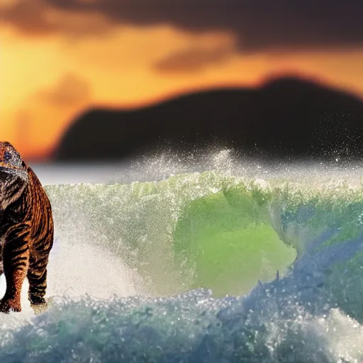 Image similar to a closeup photorealistic photograph of a cute smiling knitted tiger hippopotamus riding an epic wave at sunset. surf in the background. professional capture. brightly lit scene. this 4 k hd image is trending on artstation, featured on behance, well - rendered, extra crisp, features intricate detail, epic composition and the style of unreal engine.