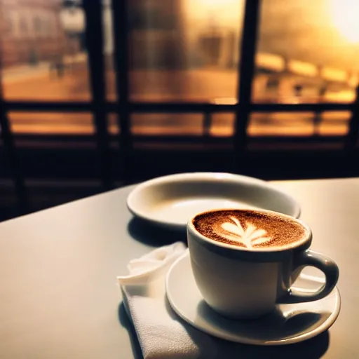 Prompt: photo of a steaming cup of cappuccino on a low table, croissant on a plate, empty hotel lobby in the background, low perspective, coffee spoon on a napkin, liminal spaces, diffuse light, hdr, dslr
