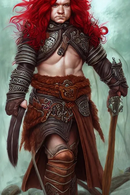 Prompt: male halfling druid with long red hair and leather armor, character portrait, concept art, intricate details, highly detailed photorealistic portrait in the style of adam hughes, seseon yoon, artgerm and warren louw