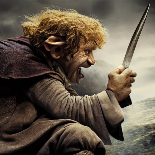 Prompt: Bilbo Baggins fighting an orc detailed 4K digital art