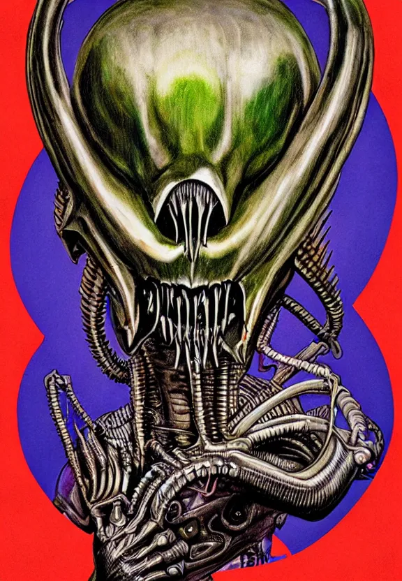 Image similar to subgenius, x - day, weird stuff, occult stuff, knives, colorful giger ’ s xenomorph, illuminati, gem tones, hyperrealism, stage lighting