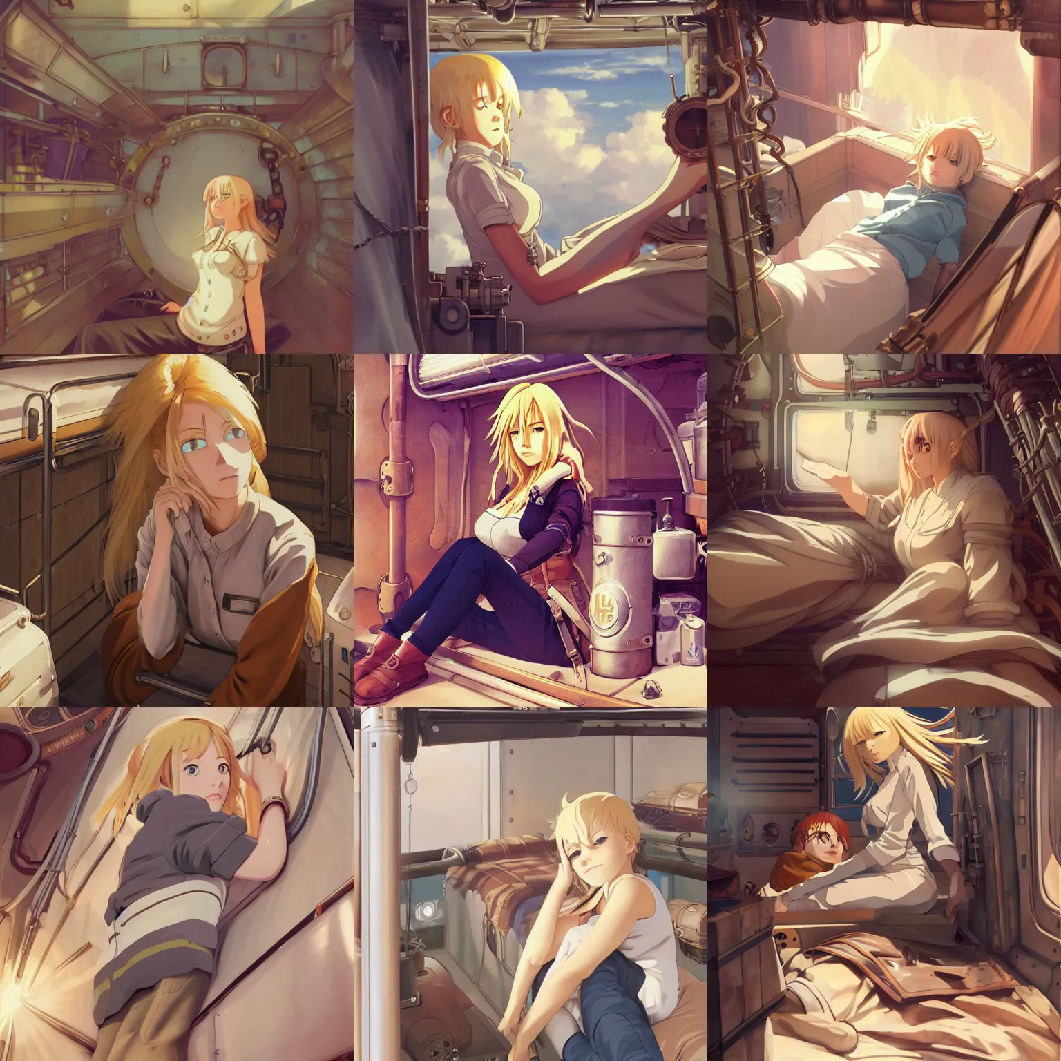 Prompt: Blonde female airship mechanic waking up in her cramped bunk, steampunk, defined facial features, highly detailed, illustration, Makoto Shinkai and Studio Ghibli anime screenshot, by Ilya Kuvshinov and Krenz Cushart