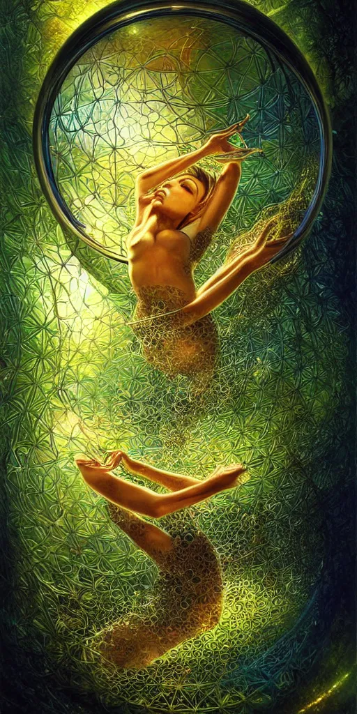 Prompt: graphic of enchanted terrarium, water flows inside the terrarium, digital art, highly detailed illustration, Karol bak, golden ratio, rule of thirds