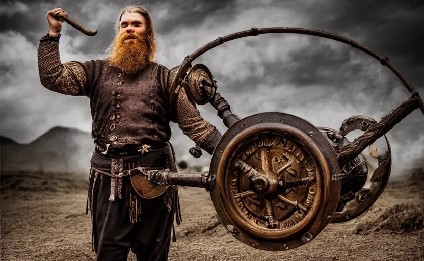 Image similar to old vintage full body photo of ancient viking warrior with full beard riding on the complex steam punk engine with one wheel, extreme sports photography ,super high speed photography, dynamic photography,symmetrical face, clean face, muscular body, high speed,dirt and grawel in air, lens flares, dust partiles in the air, dramatic lighting, intricate, highly detailed, centered, smooth, sharp focus, sports photography, old photo, black and white, sepia, cinematic lighting, cinematic angle, national geographic