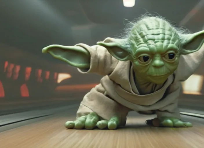 Image similar to film still of yoda uses the force to roll a bowling bowl down a lane in a bowling alley in the new Star Wars movie, 4k