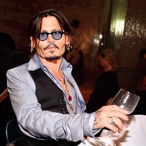 Prompt: Johnny Depp taking a sip from a megapint of red wine, photograph