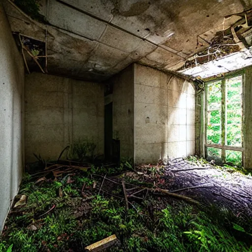 Image similar to abandoned, overgrown, underground bunker, waterfall room