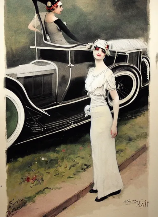 Image similar to a painting of a woman posing in front of a 1920's car by Louis Icart, highly detailed, masterpiece, trending on ArtStation, ultra realistic