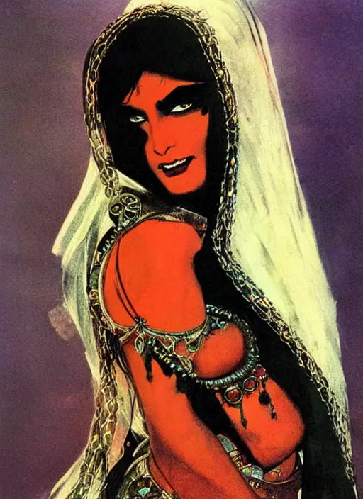 Image similar to female indian vampiress, jeweled veil, heavy mascara, strong line, saturated color, beautiful! coherent! by frank frazetta, high contrast, minimalism