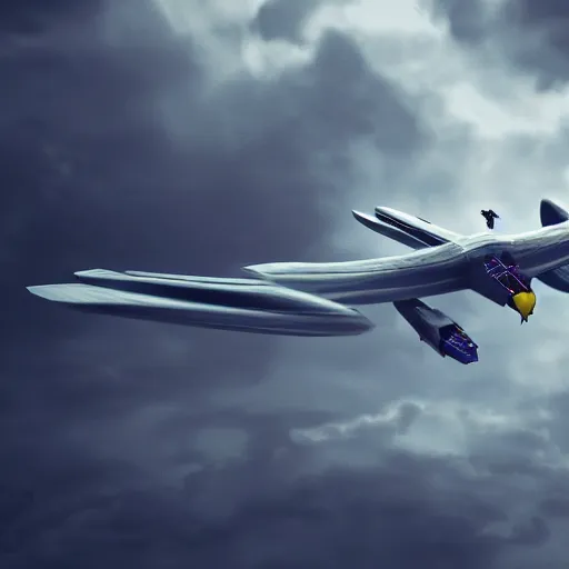 Image similar to flying falcon with cybernetic aerodynamic parts, close shot, storm sky, cinematic, render, digital art