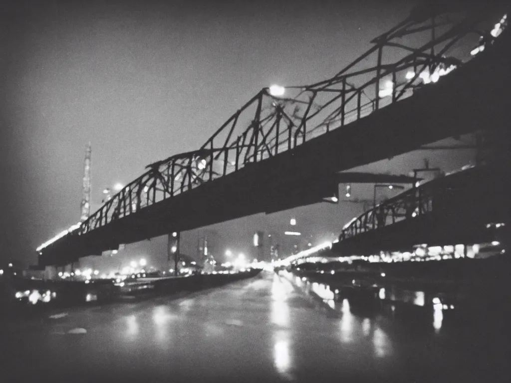 Image similar to 8 0 s polaroid photo, cinema still, train going over bridge at night while bright city is in the background, haze, americana, 8 k resolution, hyperrealistic, photorealistic, high definition, highly detailed, tehnicolor, award - winning photography, masterpiece
