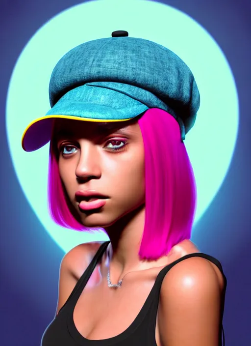 Image similar to portrait of teenage vanessa morgan with bright pink hair, black girl, curly pixie cut hair, wearing newsboy cap, pink short haircut, newsboy cap, hoop earrings, blue eyes, intricate, elegant, glowing lights, highly detailed, digital painting, artstation, concept art, smooth, sharp focus, illustration, art by wlop, mars ravelo and greg rutkowski