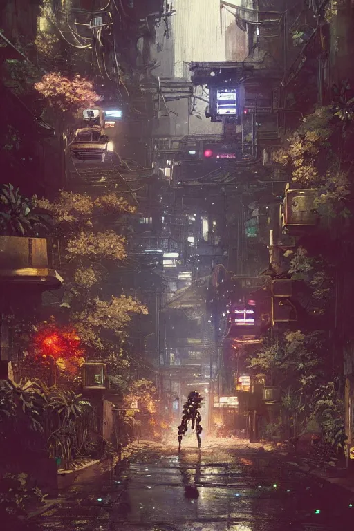 Image similar to vintage autochrome photo of ancient overgrown cyberpunk tokyo with robot by craig mullins, rutkowski, hiroshi yoshida, night, rain, flowers, beautifully lit, hyperdetailed, unreal engine, 3 d rendered, photorealistic, artstation, cgsociety