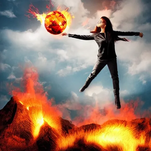 Prompt: a woman up there, sci - fi, on fire, giant, photoshop, creative and cool, photo manipulation, low angle