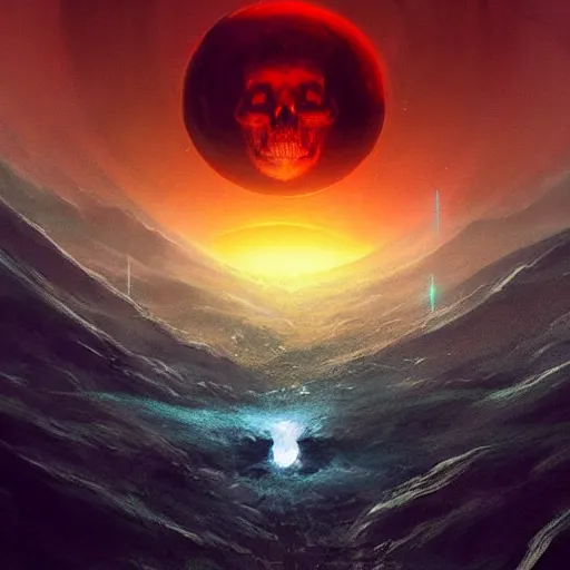 Image similar to planet that looks like a skull, digital painting, beautiful, concept art, ethereal, cinematic, epic, 8k, high detail, Artstation, Trending on Artstation, Artstation HQ, Artstation HD, deviant art, Pinterest, digital art,