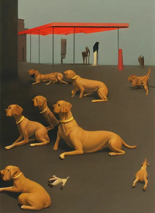 Image similar to crowd of dogs with recovery cones Edward Hopper and James Gilleard, Zdzislaw Beksinski highly detailed