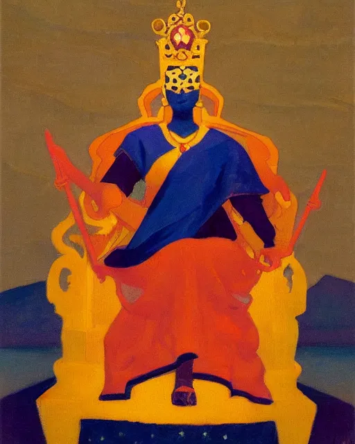 Image similar to an illustration of a queen on a throne at night by nicholas roerich, realistic, detailed, oil painting, 1 9 th