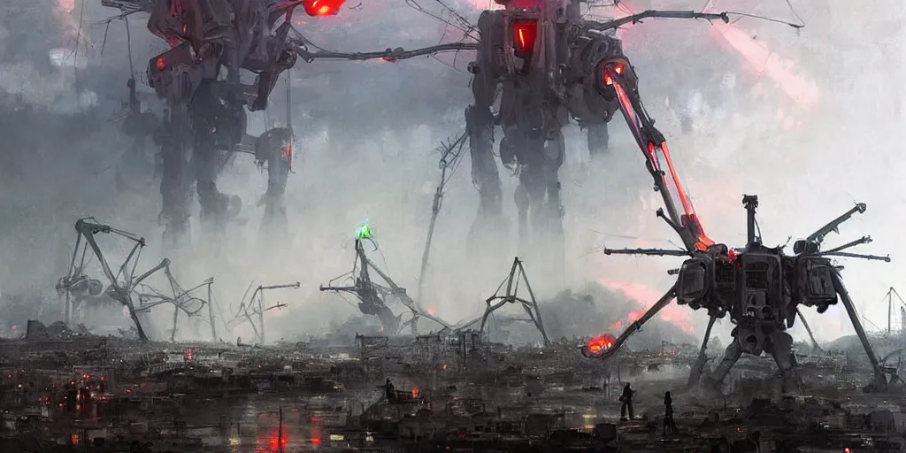 Prompt: tokyo, war of the worlds, giant mech, human soldiers, intense fighting, glowing lights! digital painting, very detailed, art by jakub rozalski