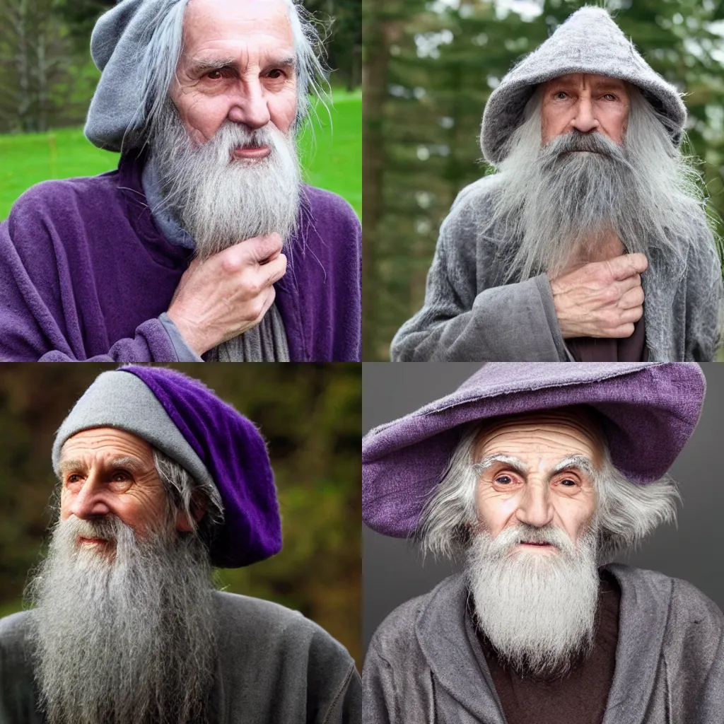 Prompt: An old druid wizard, bald, bushy grey eyebrows, long grey hair, disheveled, wise old man, wearing a grey wizard hat, wearing a purple detailed coat
