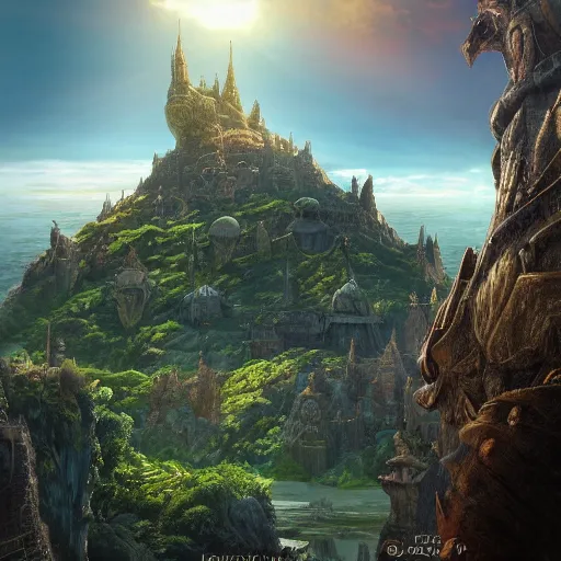 Prompt: large fantasy castle riding on the top of a giant tortoise, towering over a harsh wasteland with sharp rays of sunlight, howls moving castle, mortal engines, kaiju, distant - mid - shot, fantasy, hyper detailed, 4 k