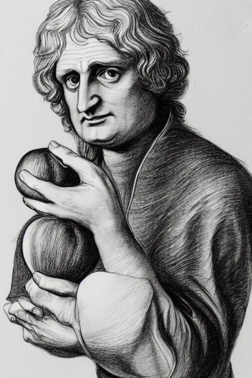 Image similar to isaac newton holding an apple, hand drawing, graphite