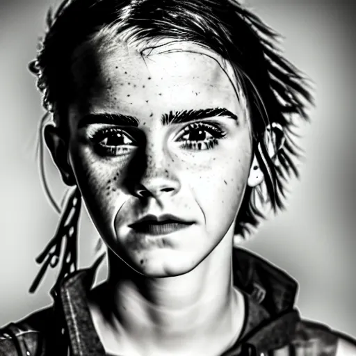 Image similar to Emma Watson, grungy, unkept hair, glowing eyes, modelsociety, wet from rain, radiant skin, huge anime eyes, bright on black, dramatic, studio lighting, perfect face, intricate, Sony a7R IV, symmetric balance, polarizing filter, Photolab, Lightroom, 4K, Dolby Vision, Photography Award