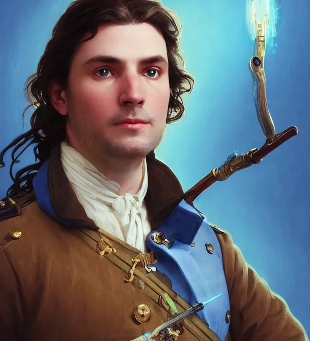 Image similar to candid portrait of a man with brown wavy hair and glowing blue eyes, surrounded by blue aura, wearing a blue traditional colonial military jacket, intricate, holding a spear, highly detailed, digital painting, artstation, concept art, sharp focus, cinematic lighting, illustration, art by artgerm and greg rutkowski, alphonse mucha, cgsociety