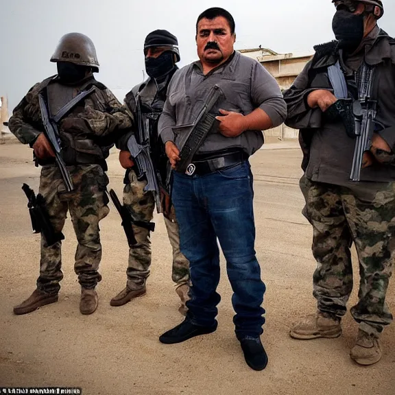 Prompt: the fearsome og shadow, mexican cartel leader, standing in front of his heavily armed men guarding him, award - winning photography