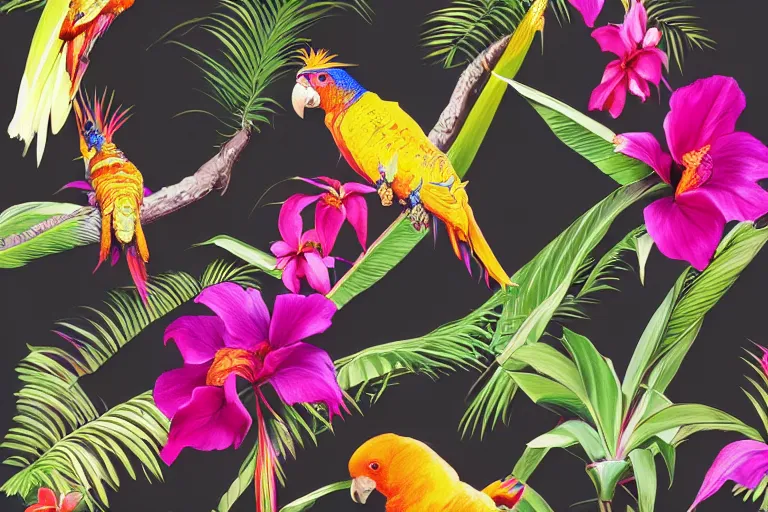 Image similar to photorealistic print of exotic, elegant tropical prints, isolated in a black background : : purple plants, golden flowers, red parrot, art nouveau, desaturate, trending on artstation