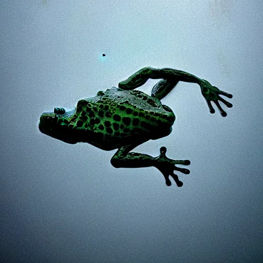 Image similar to semitranslucent smiling frog amphibian jumping over misty lake surface, cinematic shot by Andrei Tarkovsky, jump in composition of Leap into the Void by Yves Klein, paranormal, spiritual, mystical