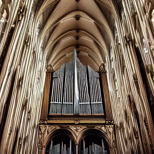 Prompt: a photorealistic endless nightmare cathedral with enormous organ pipes