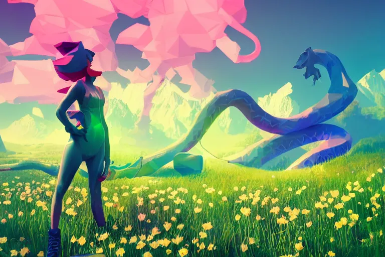 Image similar to lowpoly ps 1 playstation 1 9 9 9 glowing neon anthropomorphic behemoths great serpent maid standing in a field of daisies wearing converse shoes, swiss alps in the distance digital illustration by ruan jia on artstation
