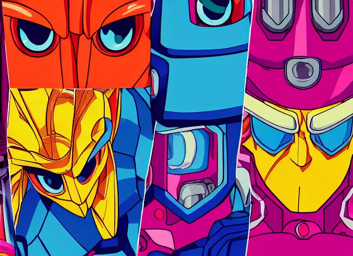 Prompt: 3 rows of 3 framed closeup colorful anime face portraits of cute evil robots from mega man, inspired by osamu tezuka, with a futuristic robotic background.