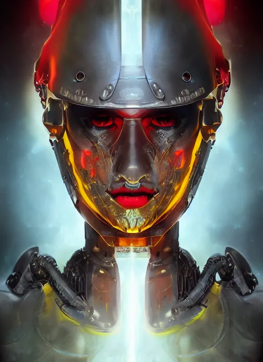 Prompt: ( symmetry ) closeup portrait of a stunning armored cyborg female pirate captain, strong cinematic light, backlight glow, red yellow, viscous smoke, ( ( ( ( realistic fluid simulation ) ) ) ), mist, by gerald brom, by mikhail vrubel, by peter elson, muted colors, extreme detail, trending on artstation, 8 k