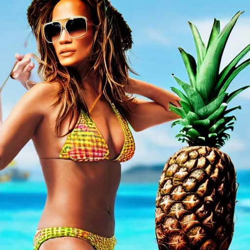 Image similar to j - lo, with two coconuts bikini and a pineapple as a hat, professional photography, photoshop