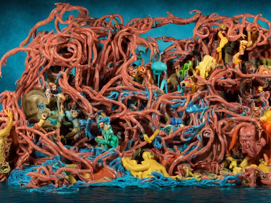 Prompt: diorama of the raft of the medusa as an animatronic schlock body horror comedy film, fun, animatronic figures, Sally Corporation, Garner Holt, play-doh, lurid, vivid colors, neon lights, rubber latex, realistic materials, fleshy, Cronenberg, Rick Baker, daylight, photo real, wet, slimy, wide angle, rule of thirds, 28mm, 1984, Eastman EXR 50D 5245/7245