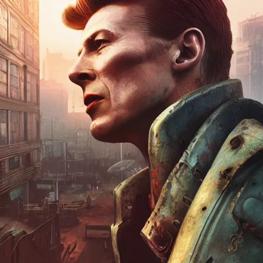 Prompt: fallout 4, charismatic david bowie, portrait, outdoors ruined cityscape, atmospheric lighting, painted, intricate, volumetric lighting, beautiful, daytime, sunny weather, slight overcast, sharp focus, deep colours, ultra detailed, by leesha hannigan, ross tran, thierry doizon, kai carpenter, ignacio fernandez rios