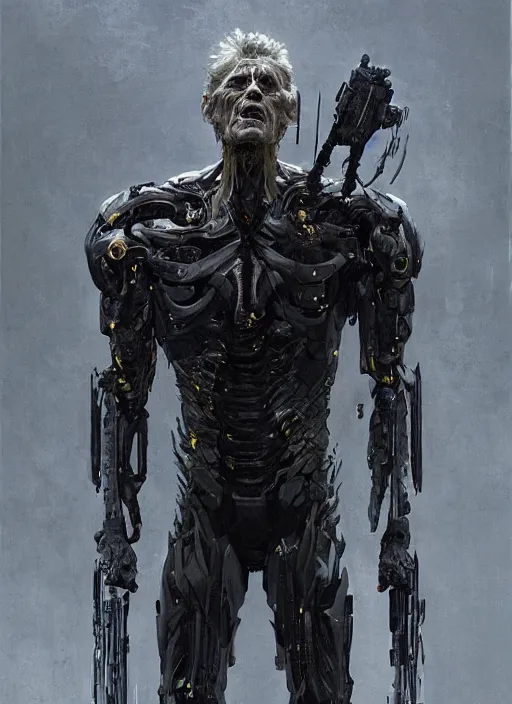 Image similar to willem dafoe as victor stone, full body concept, cyborg, borg, strogg, face of a man, terminator, flesh, quake strogg, doom demon, wolfenstein, monstrous, symmetry, symmetrical, concept art by ruan jia and greg rutkowski