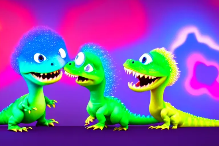 Image similar to pixar designed cute, smiling chibi style baby dinosaurs made entirely out of glowing electrified hypercolor plasma, having fun inside a psychedelic realm made entirely out of love and acceptance and hypercolors. astral beings sharing love. renderman, ray tracing, symmetrical faces, 3 d models