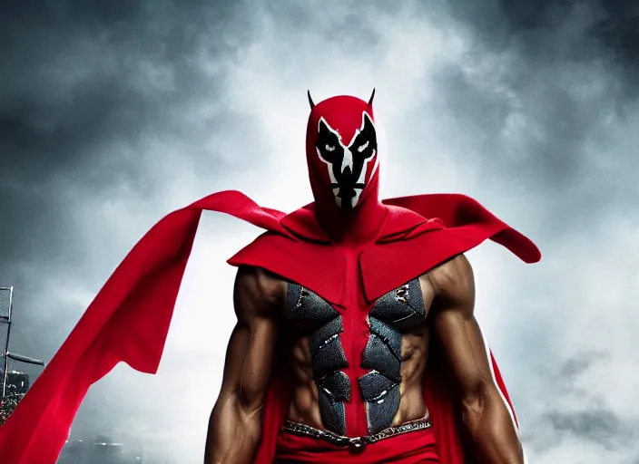 Image similar to film still of michael b jordan as spawn in the new spawn movie, giant chains, large cape, 8 k