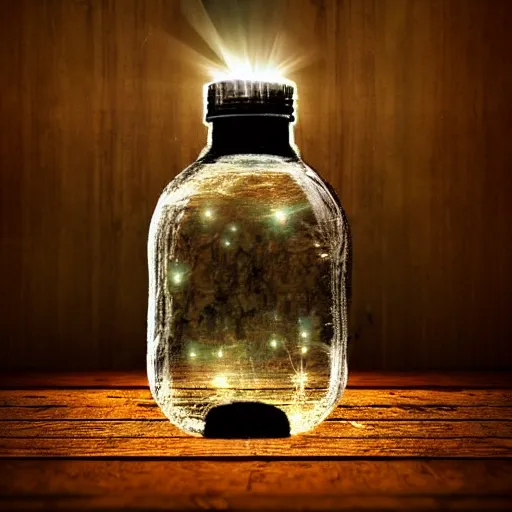 Prompt: life in a bottle, eerie and fantastic, digital art, 8 k, on a wooden table, unique source of light