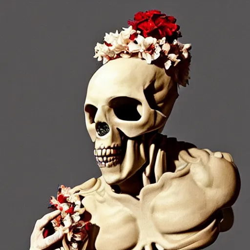 Image similar to a man in the form of a Greek sculpture with a mask in the form of a skull and wreath of flowers skulls in hands dressed in a biomechanical dress, red white and gold color scheme, baroque, by Michelangelo