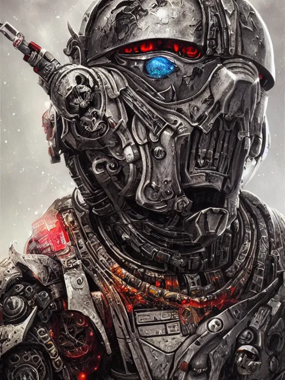 Prompt: art portrait of an undead space marine, intricate detailed armour ,8k,by tristan eaton,Stanley Artgermm,Tom Bagshaw,Greg Rutkowski,Carne Griffiths, Ayami Kojima, Beksinski, Giger,trending on DeviantArt,face enhance,hyper detailed,minimalist,cybernetic, android, blade runner,full of colour,