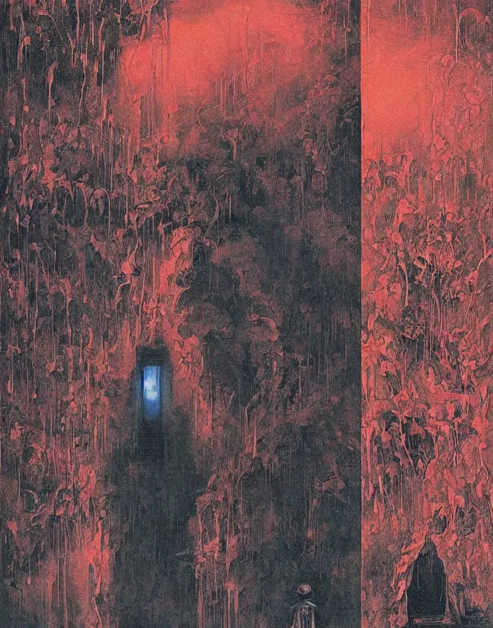 Prompt: worshippers in red robes entering the door of the light house, going through the door, lighthouse, high detailed beksinski painting, part by adrian ghenie and gerhard richter. art by takato yamamoto. masterpiece, deep colours, blue