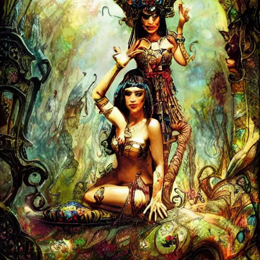 Image similar to cleopatra in alice in wonderland tripping on ayahuasca, intricate detail, painting, royo, frazetta, whealan,