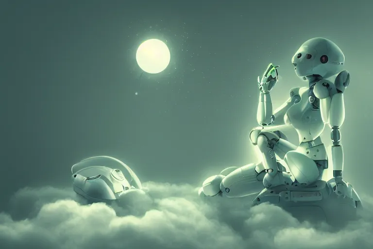 Prompt: a cute robot girl sitting on a cloud relaxing, misty, digital art, hazy, foggy, green lighting, ambient lighting, 8 k,