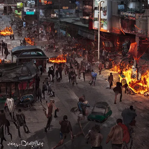 Prompt: crowded streets of manila turned hell filled with poverty, beggars and crime, demonic, hell, burning, suffering, depressing image, unreal engine, artstation hd