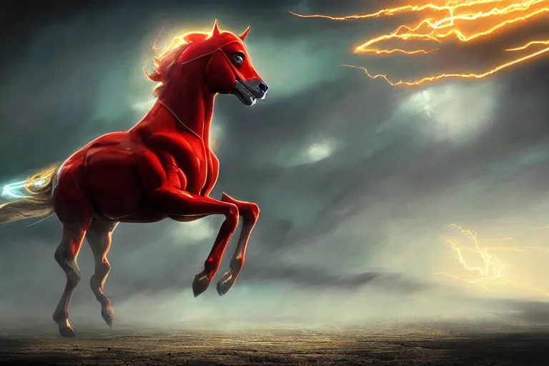 Image similar to a stunning digital painting of a horse as the flash in spandex costume, running in the speedforce by greg rutkowski, volumetric light, digital art, fine detail, photorealistic