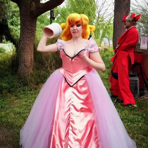 Image similar to a woman cosplaying princess peach in an opera gown